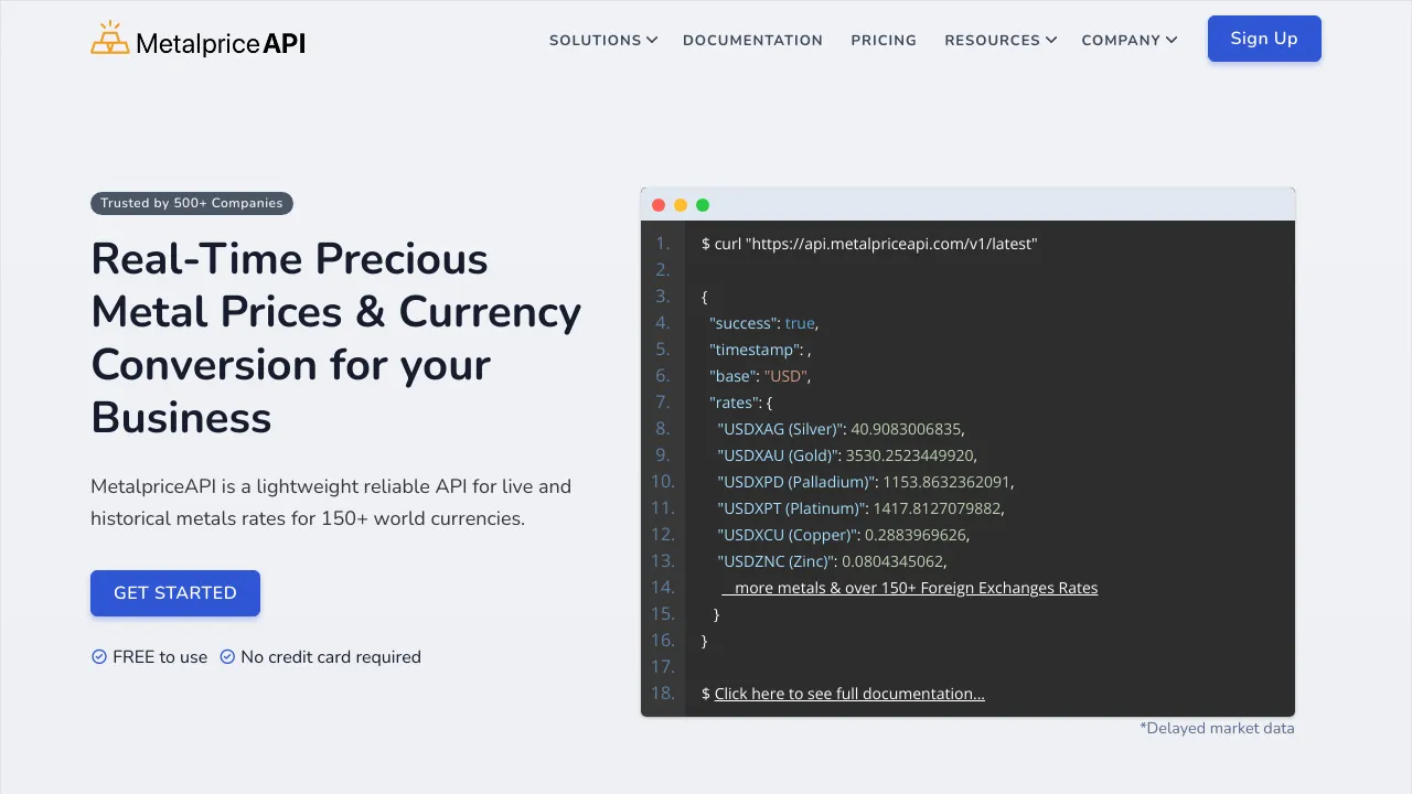 Screenshot of MetalpriceAPI website