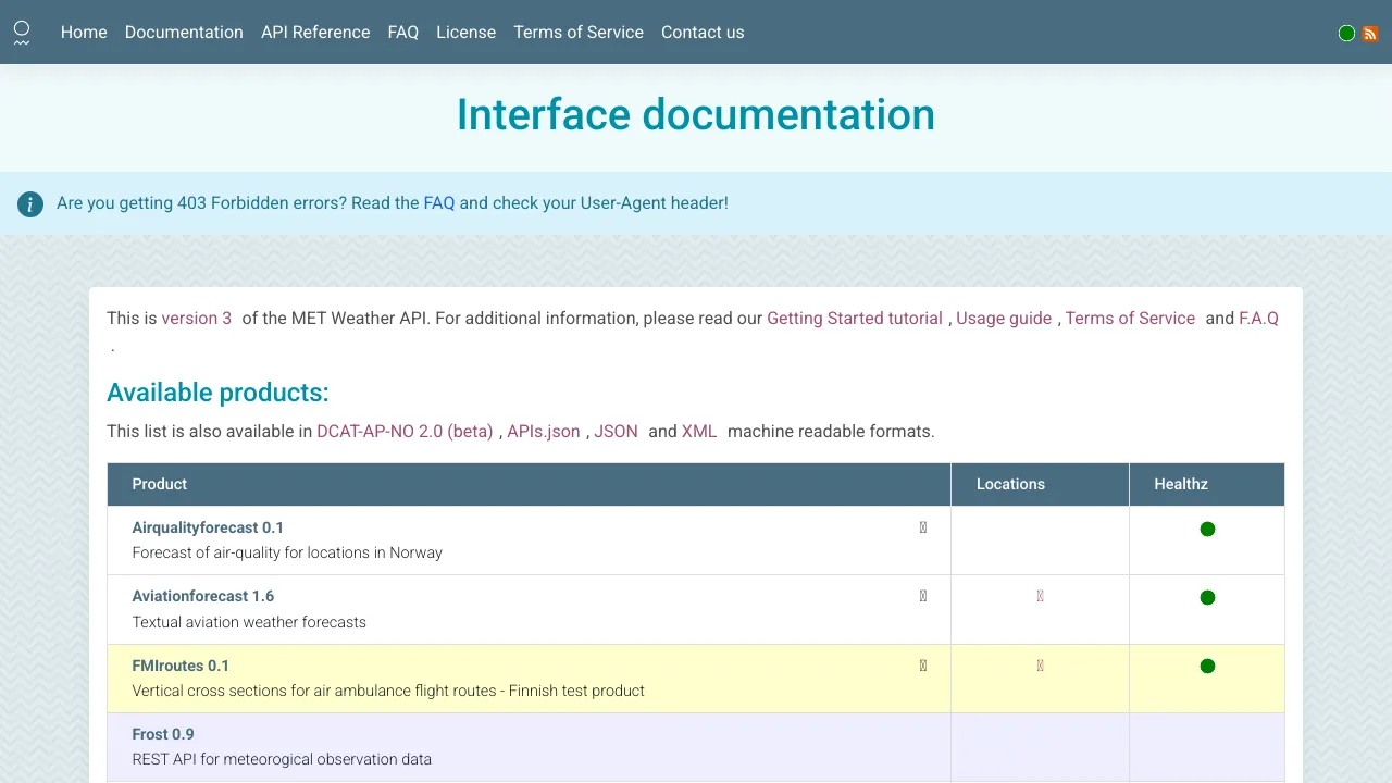 Screenshot of Meteorologisk Institutt website