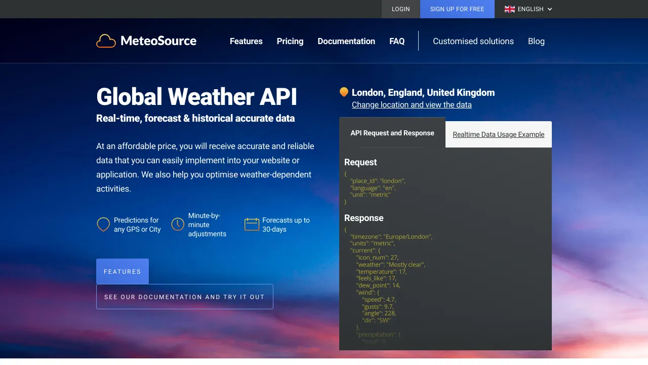 Screenshot of Meteosource website
