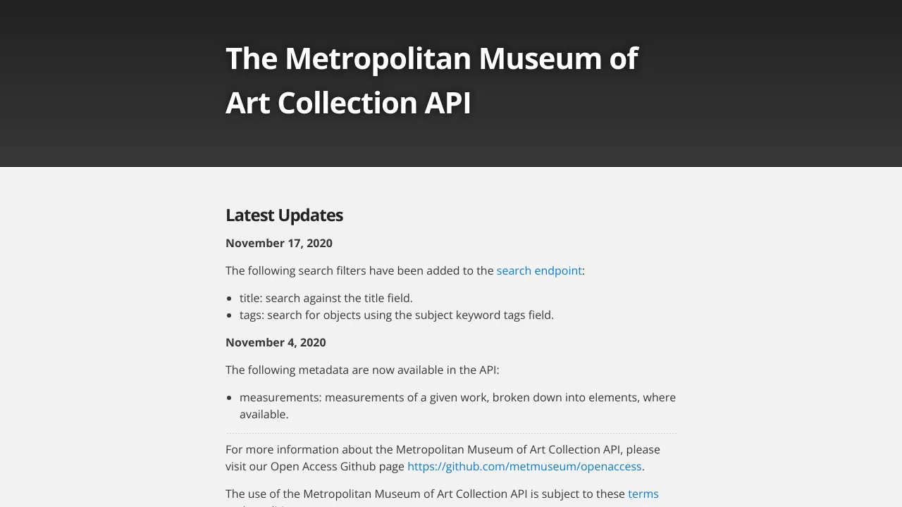 Screenshot of Metropolitan Museum of Art website