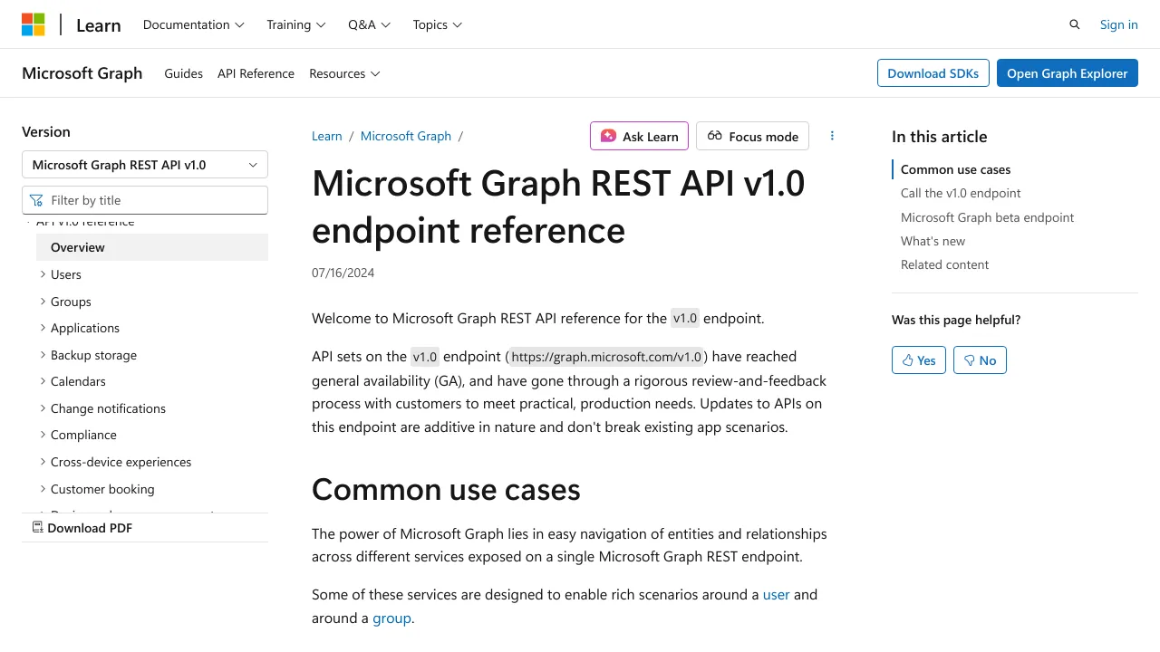 Screenshot of Microsoft Graph website