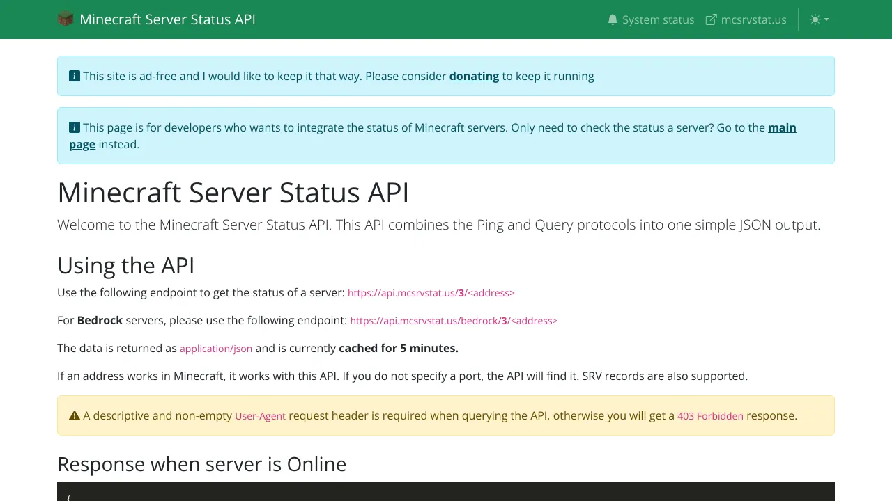 Screenshot of Minecraft Server Status website
