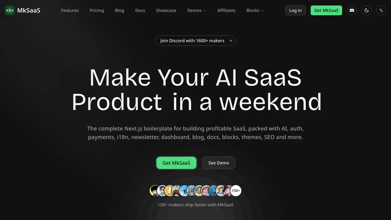 Screenshot of MkSaaS website