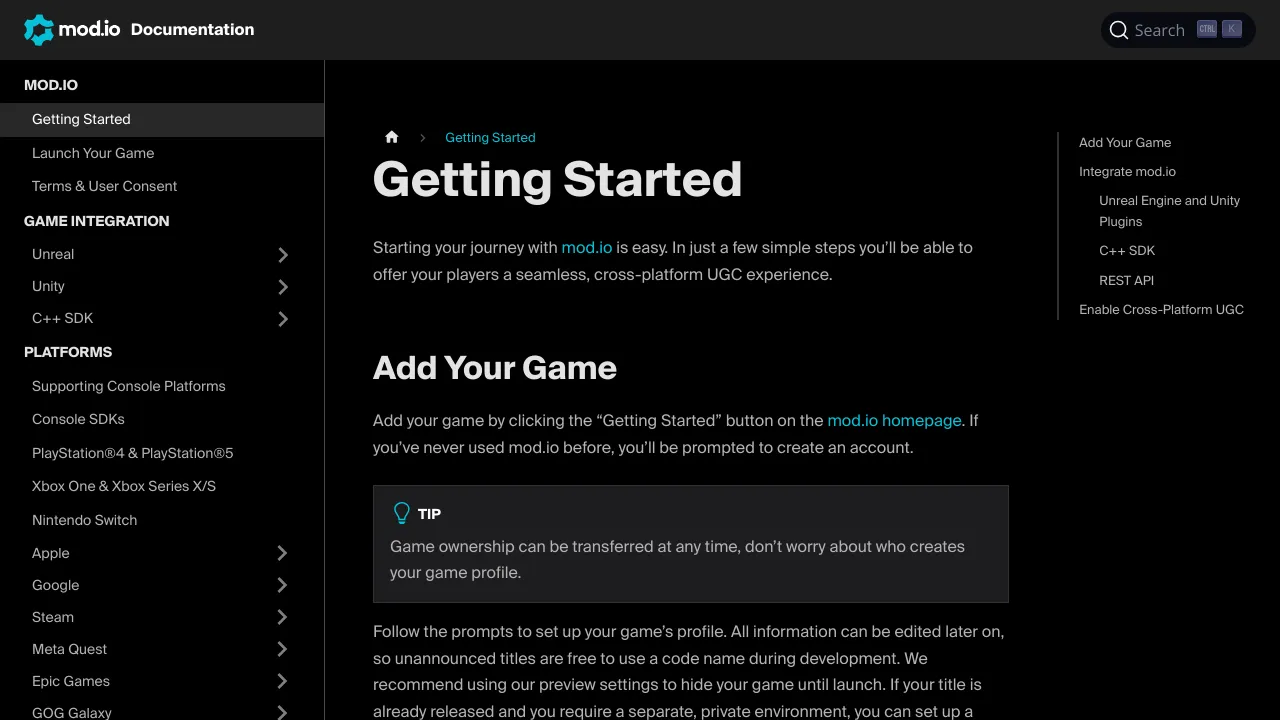 Screenshot of Mod.io website