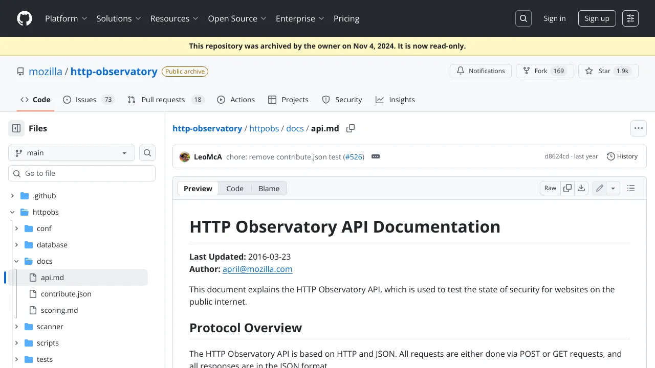 Screenshot of Mozilla HTTP Observatory website