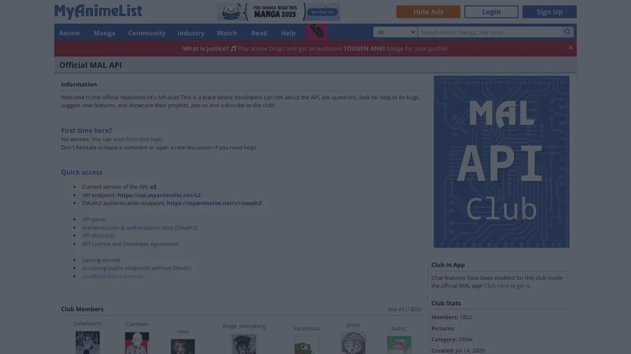 Screenshot of MyAnimeList website