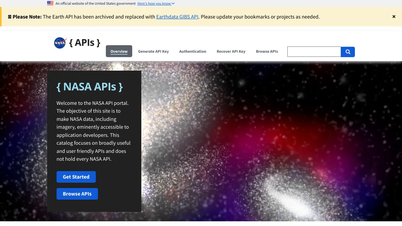 Screenshot of NASA website