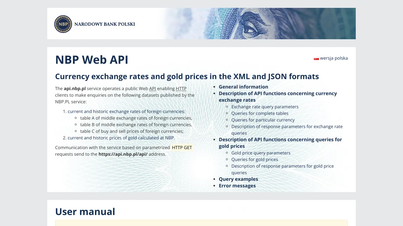 Screenshot of National Bank of Poland website