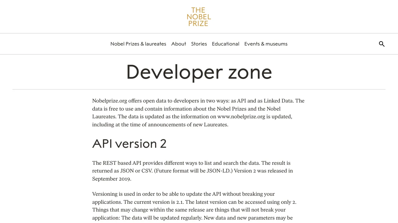 Screenshot of Nobel Prize website