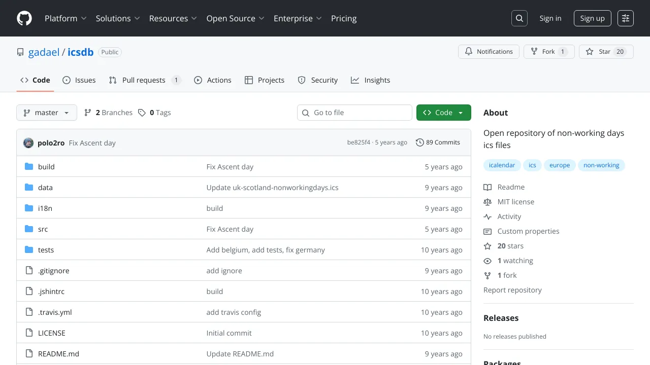 Screenshot of Non-Working Days ICS website