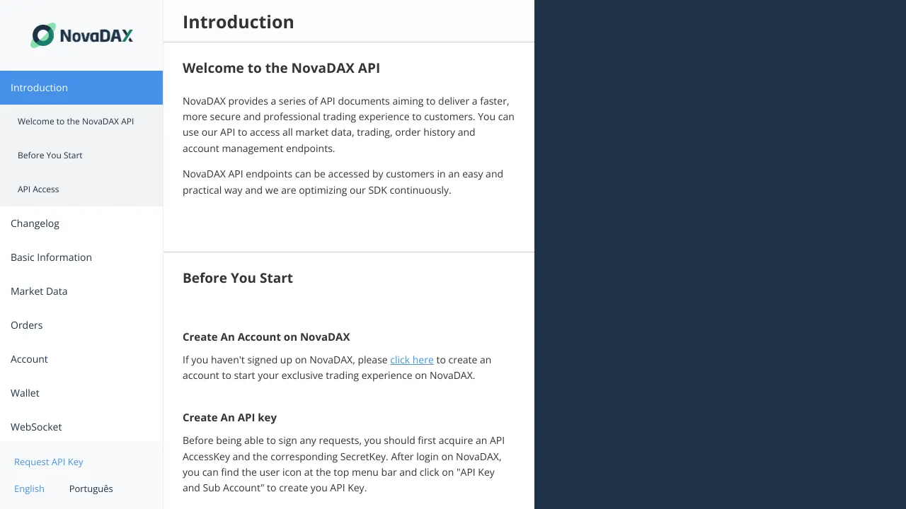 Screenshot of NovaDax website