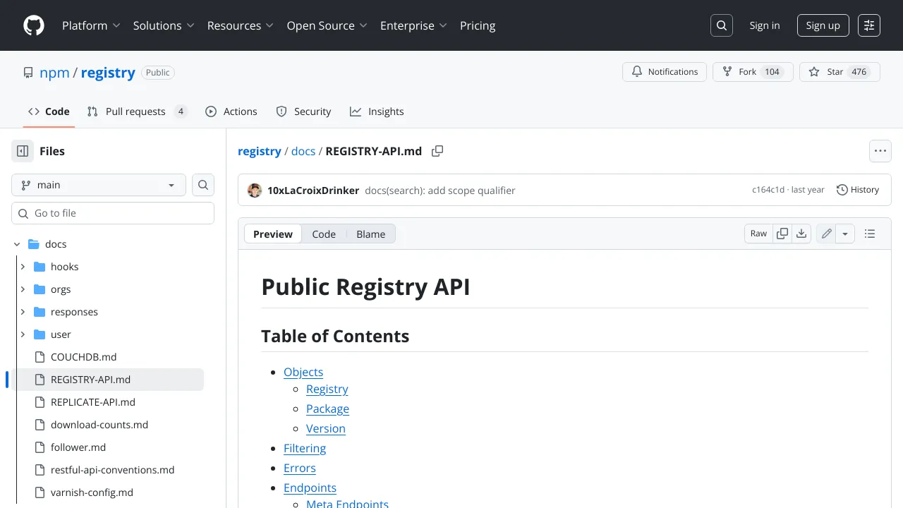 Screenshot of npm Registry website