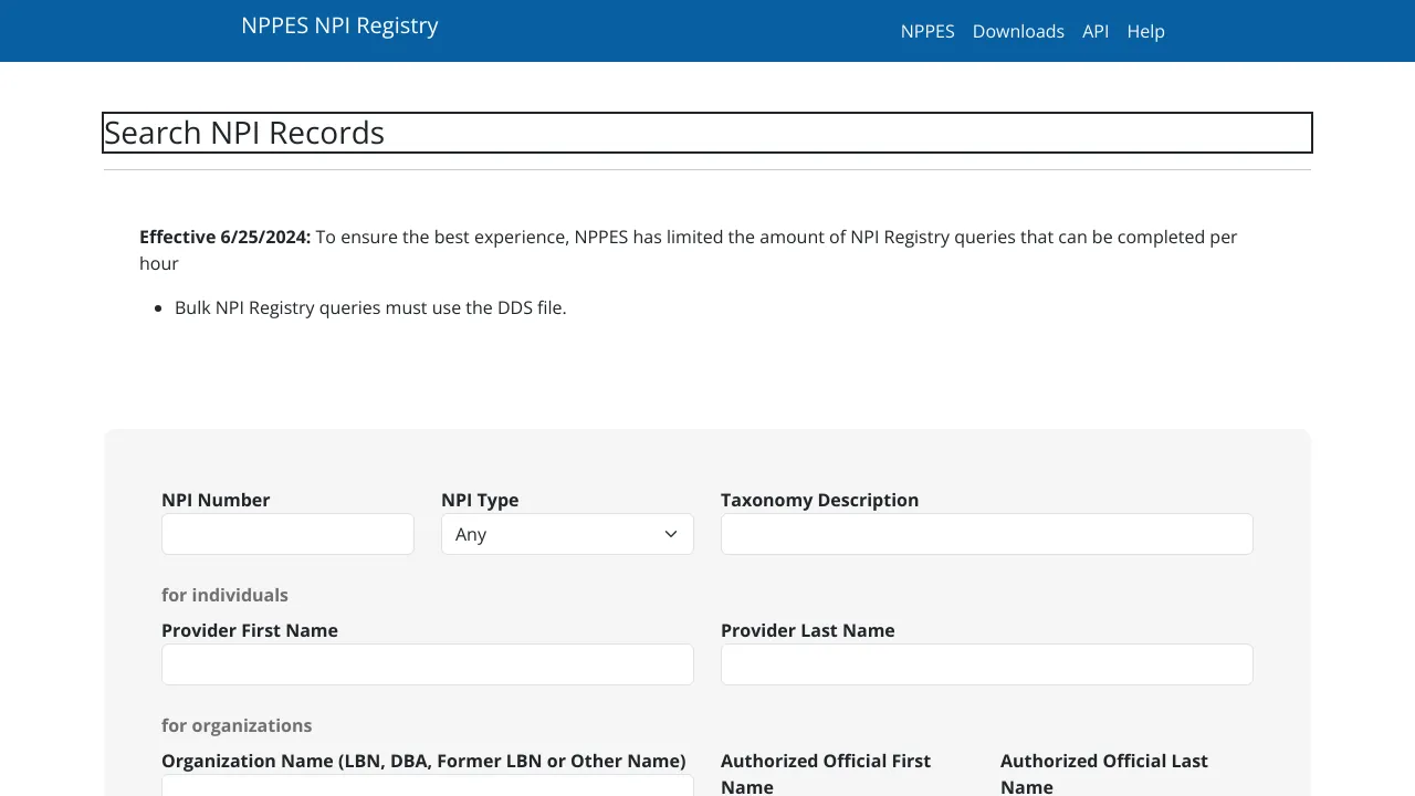 Screenshot of NPPES website