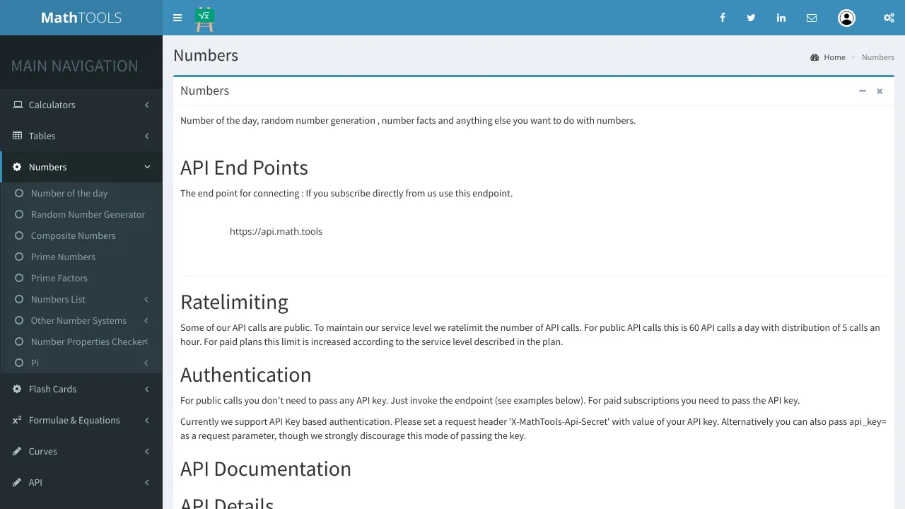Screenshot of Numbers (math.tools) website