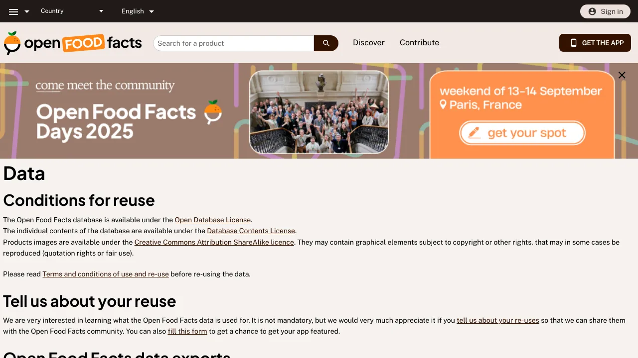 Screenshot of Open Food Facts website
