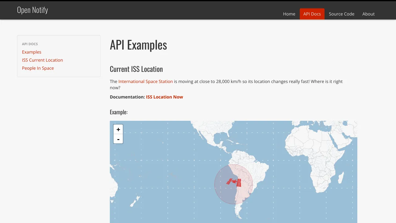 Screenshot of Open Notify website