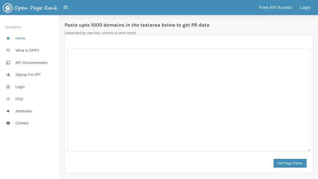 Screenshot of Open Page Rank website