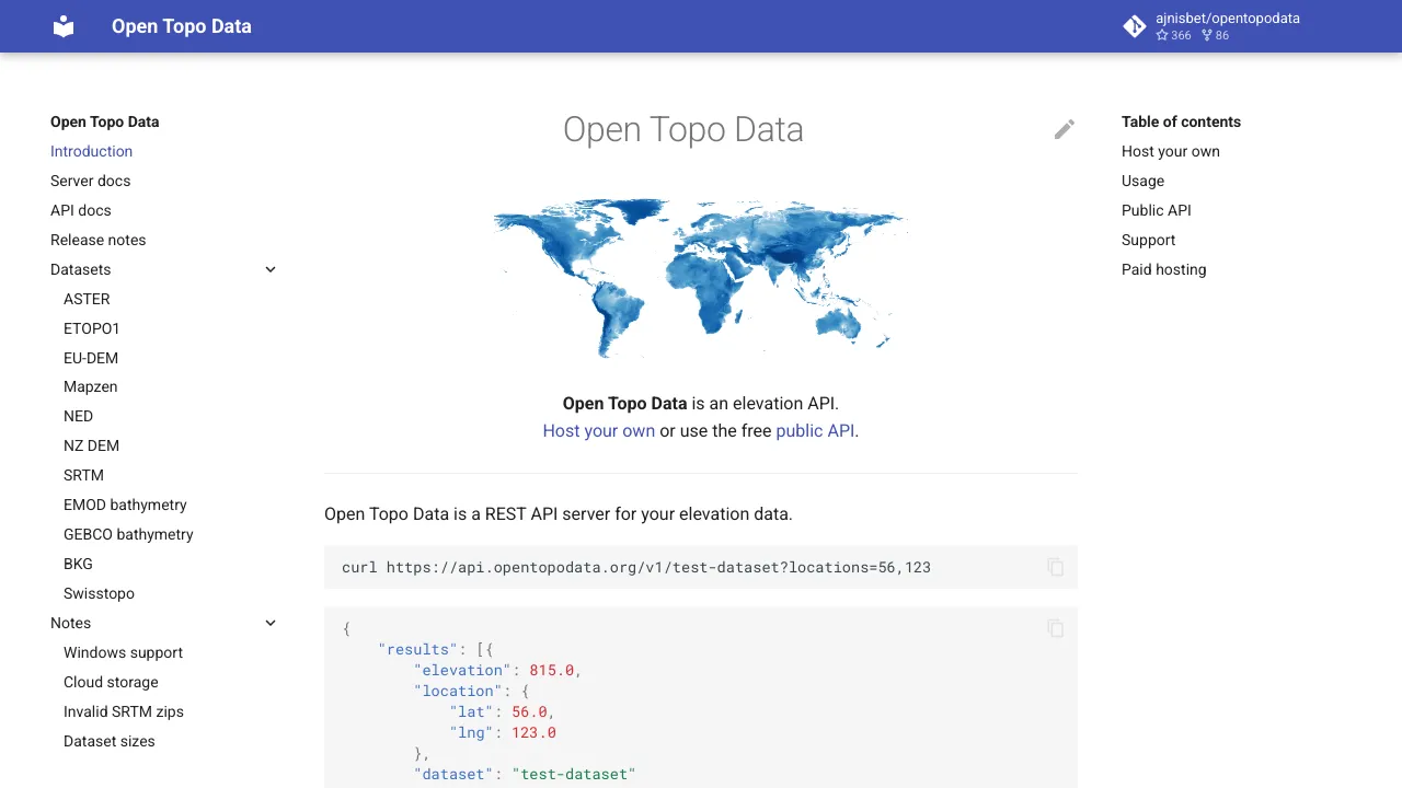Screenshot of Open Topo Data website