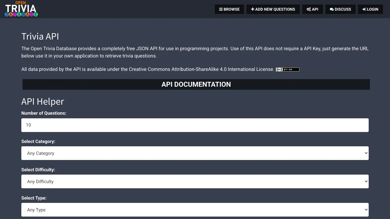 Screenshot of Open Trivia DB website