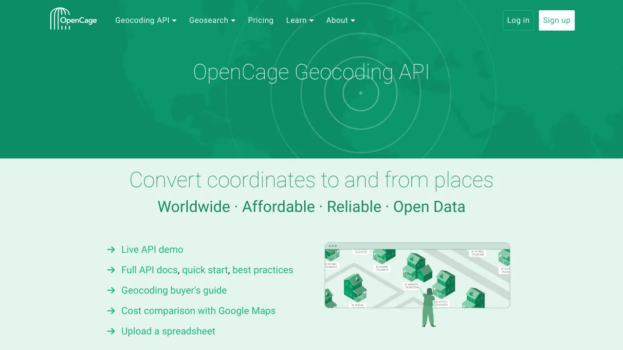 Screenshot of OpenCage website