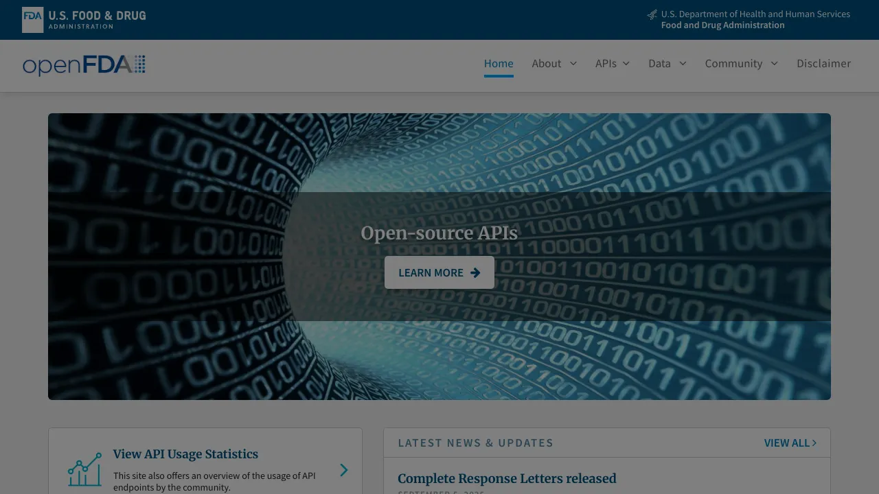 Screenshot of openFDA website