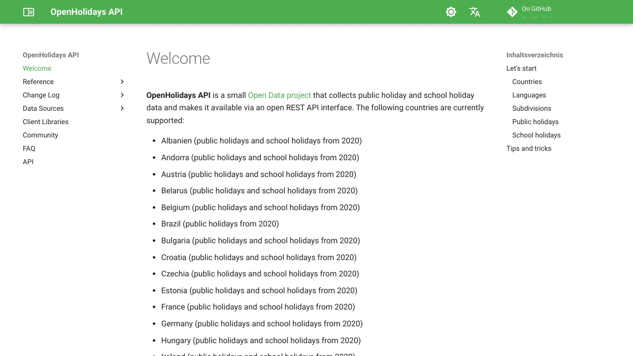 Screenshot of OpenHolidays API website