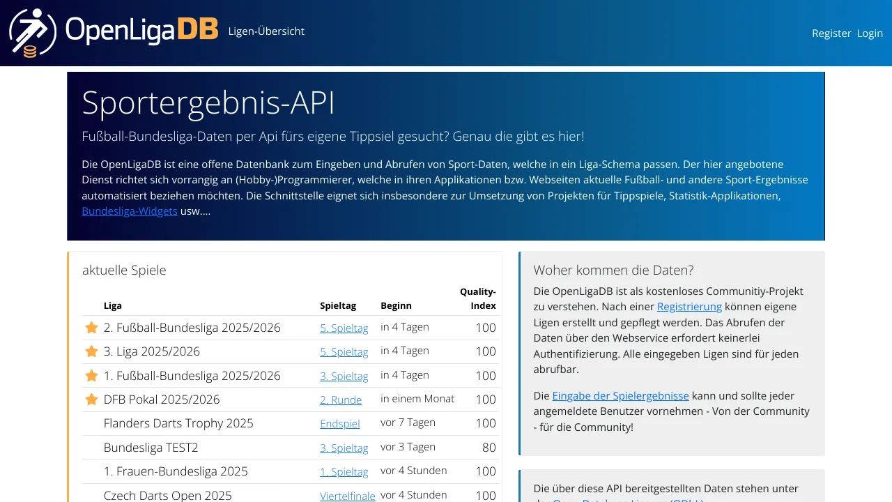 Screenshot of OpenLigaDB website
