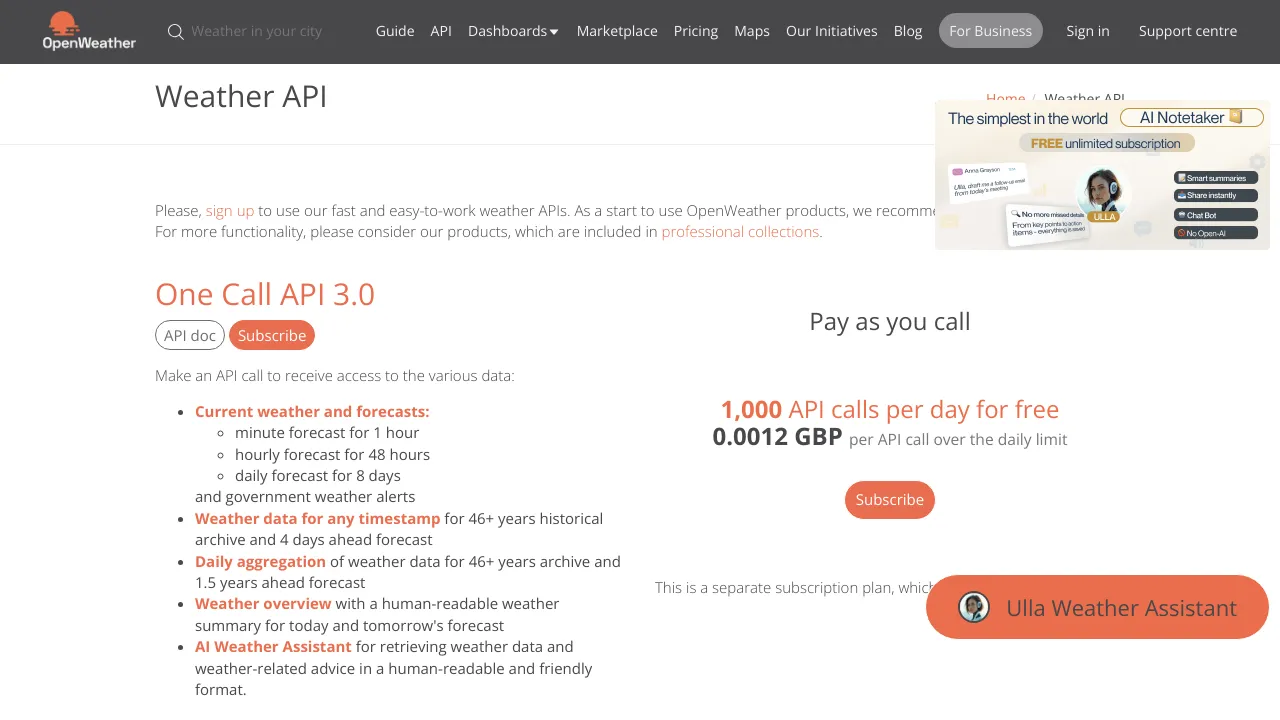 Screenshot of OpenWeatherMap website