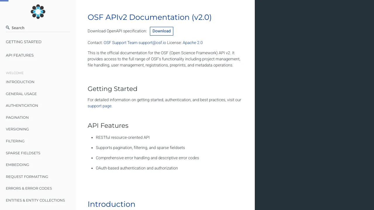 Screenshot of Open Science Framework website