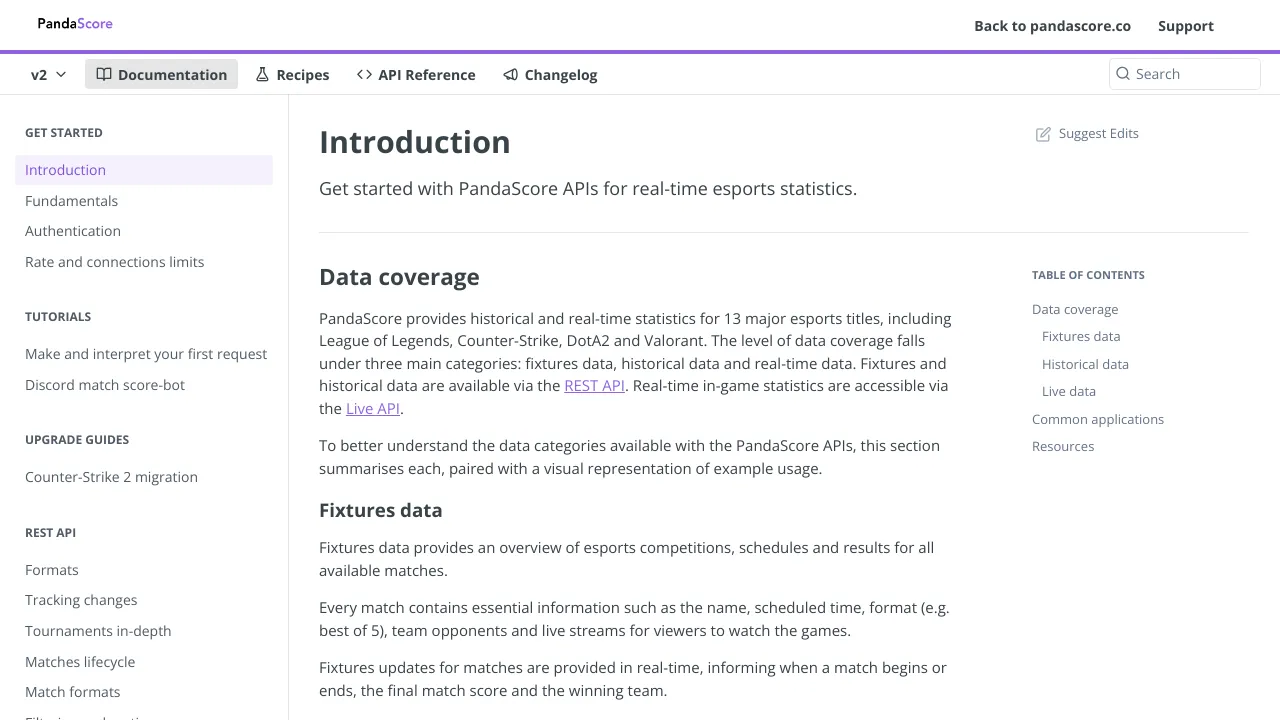 Screenshot of PandaScore website