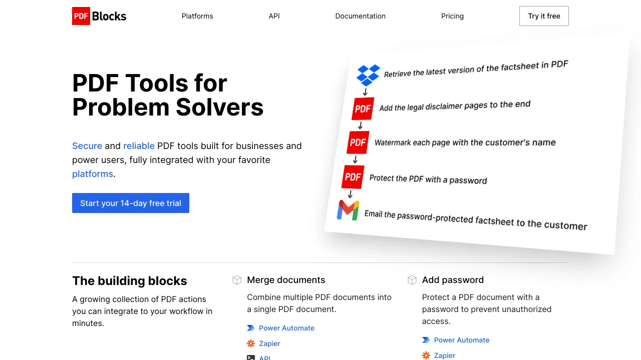Screenshot of Pdfblocks website