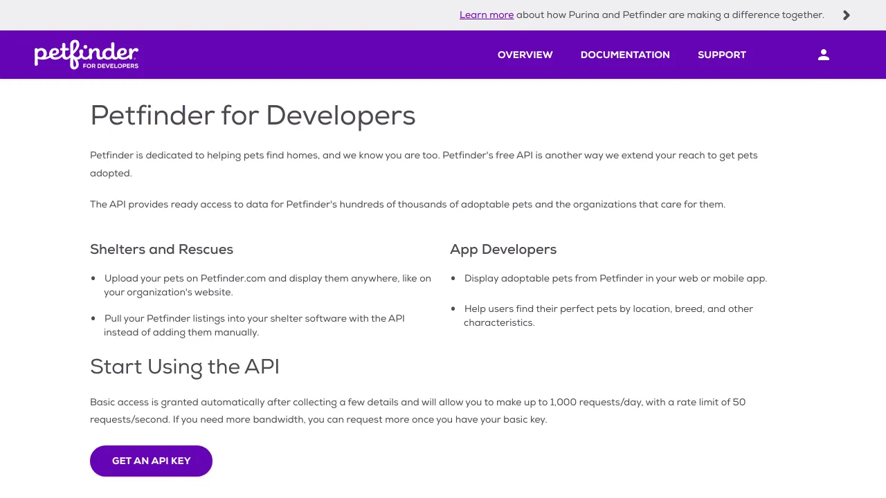 Screenshot of Petfinder website
