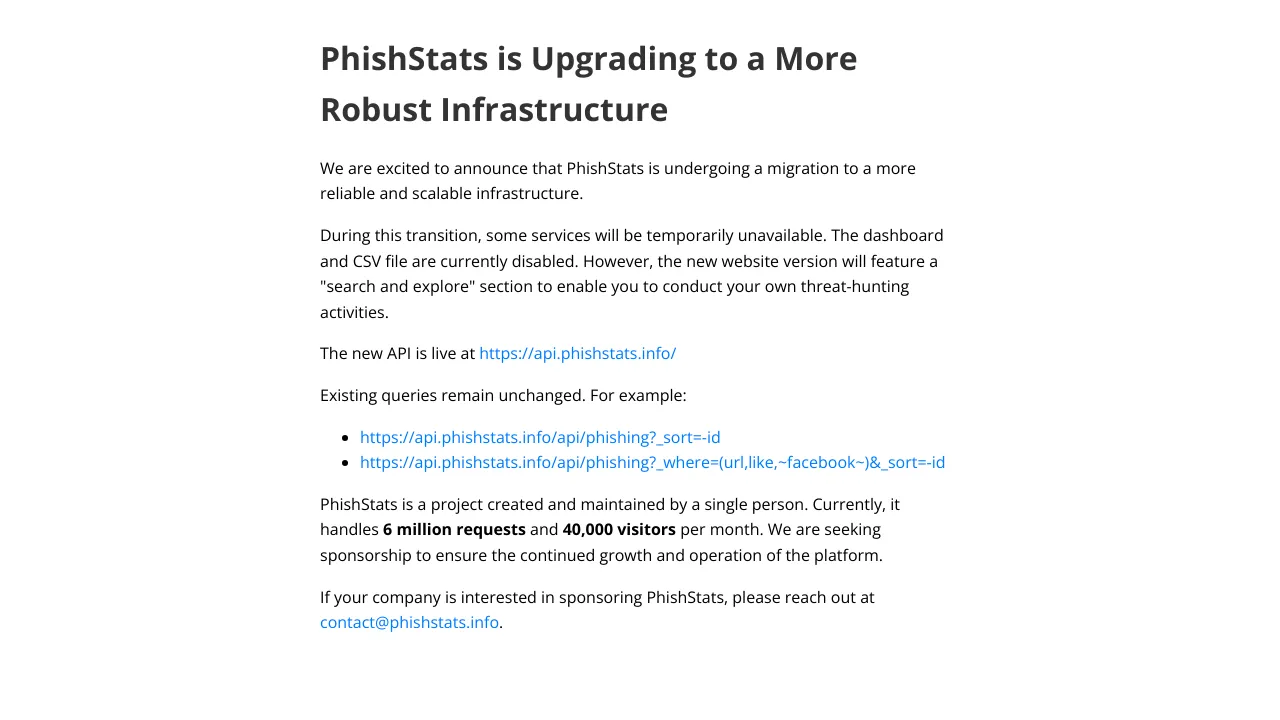 Screenshot of PhishStats website