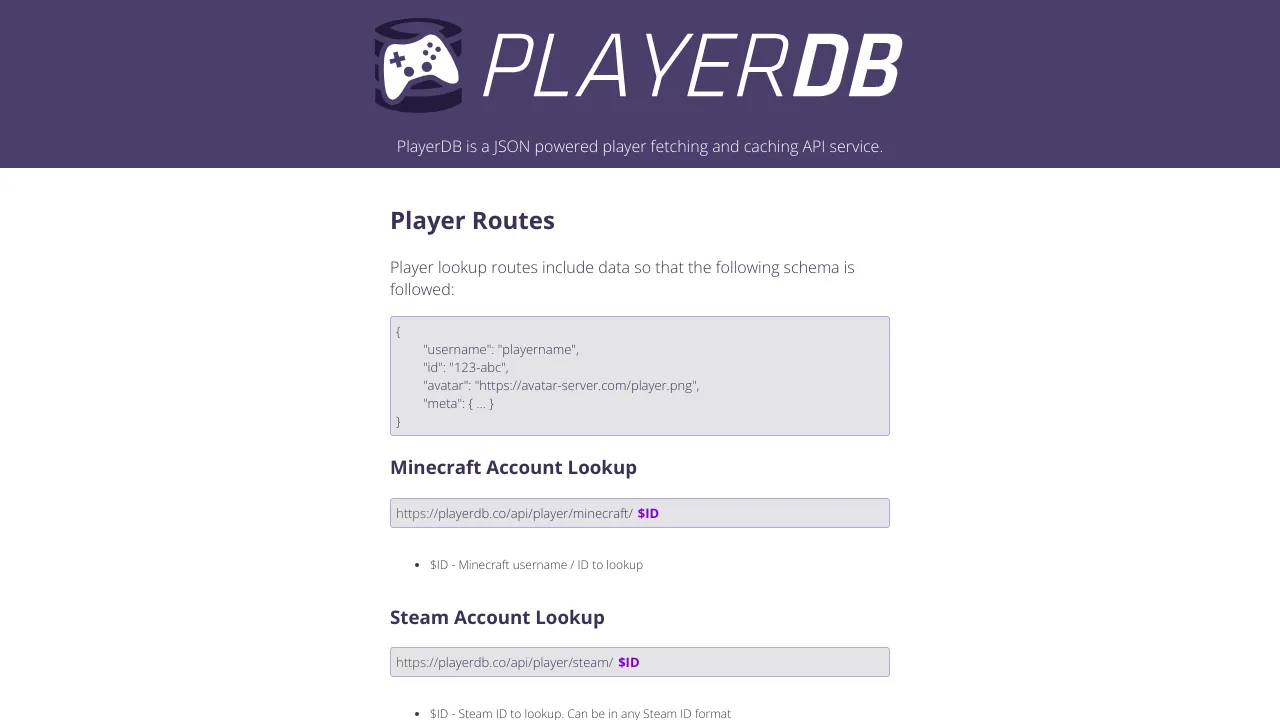 Screenshot of PlayerDB website