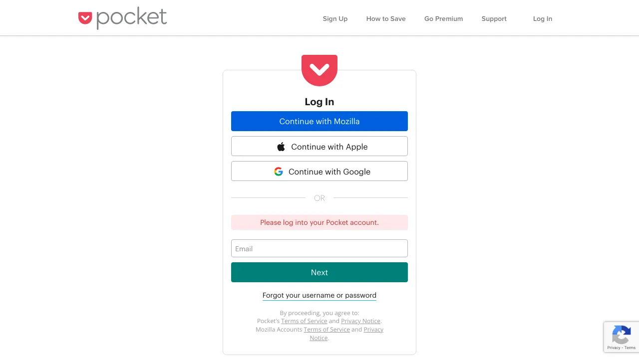 Screenshot of Pocket website