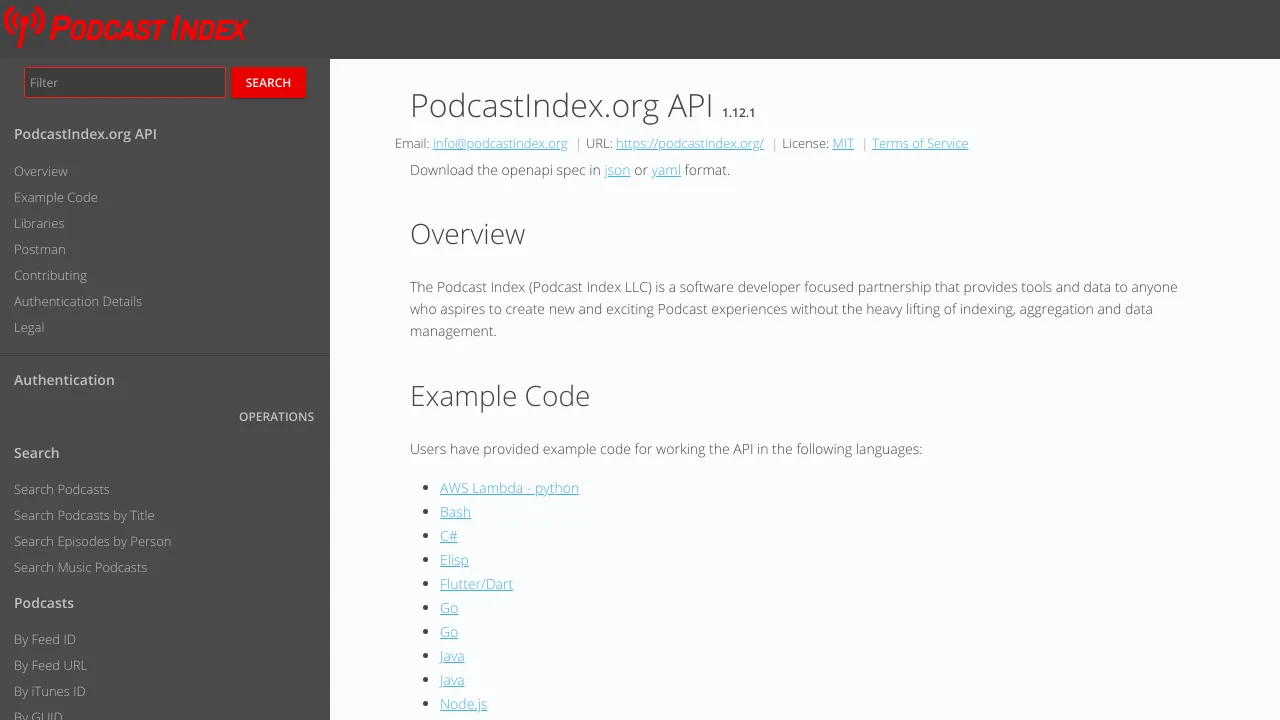 Screenshot of PodcastIndex website