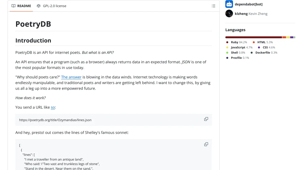 Screenshot of PoetryDB website