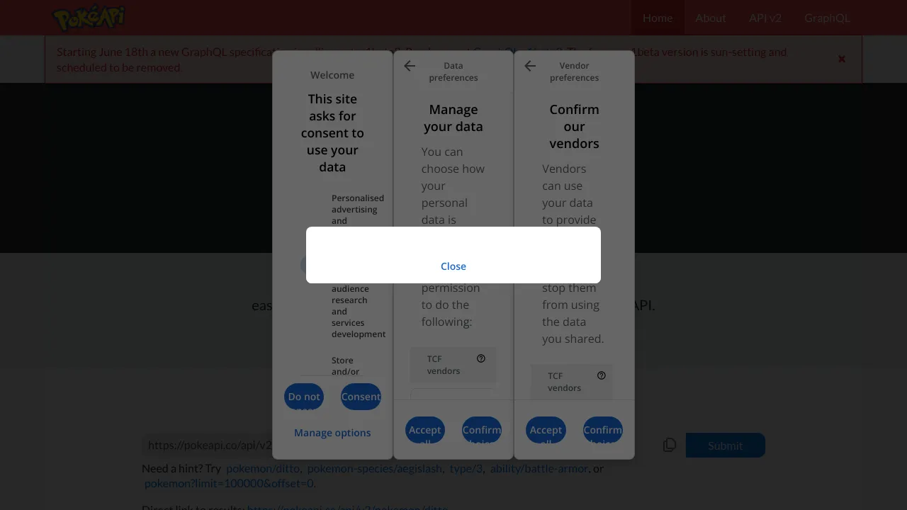 Screenshot of PokéAPI website