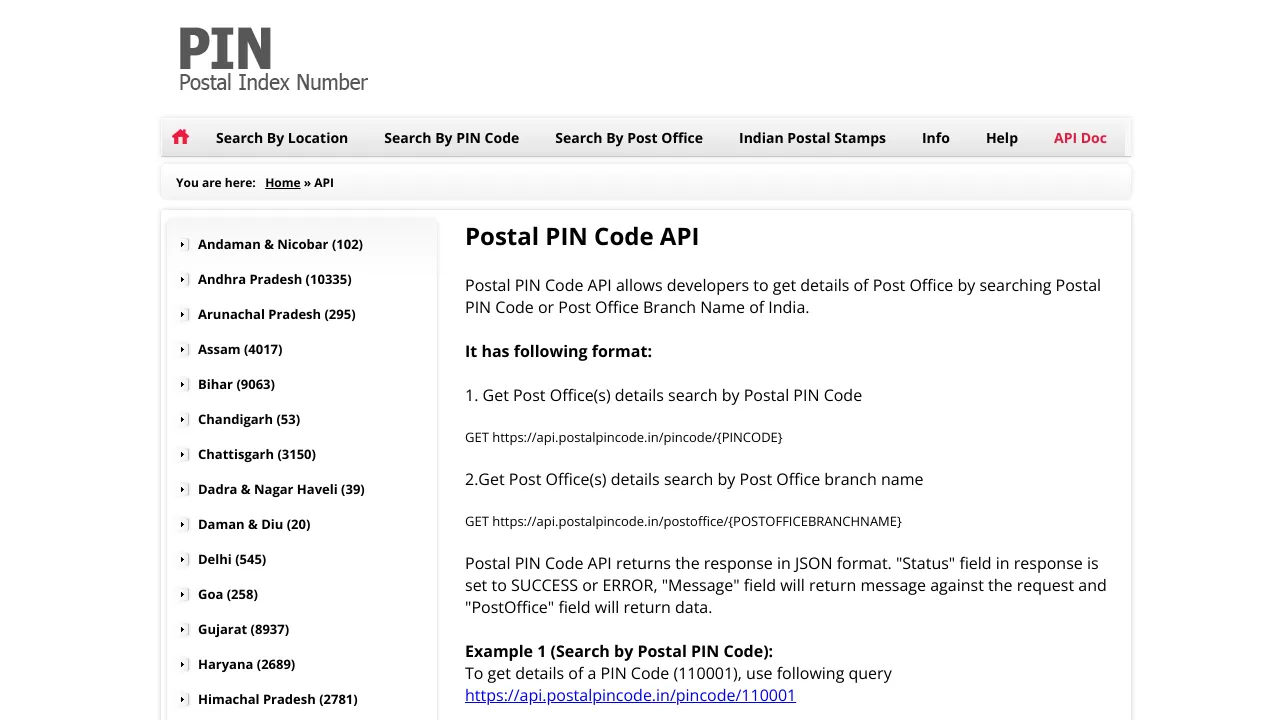 Screenshot of PostalPinCode website