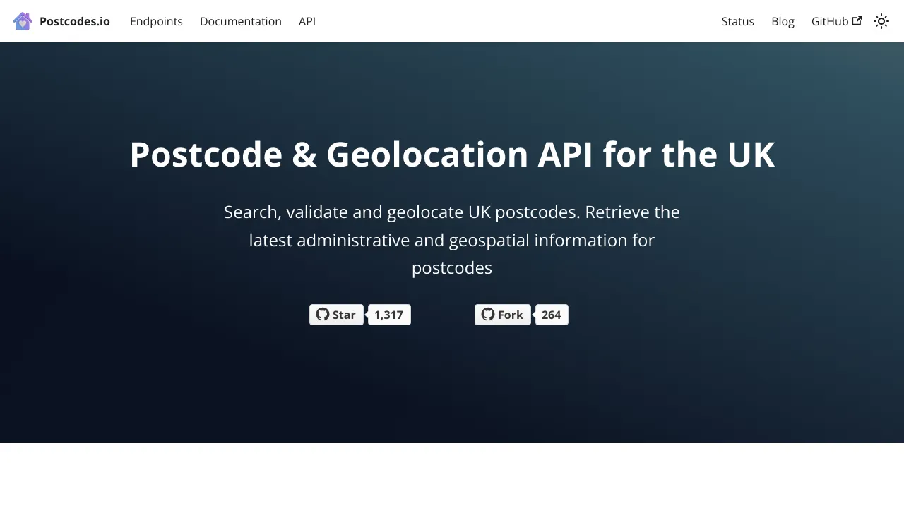 Screenshot of Postcodes.io website