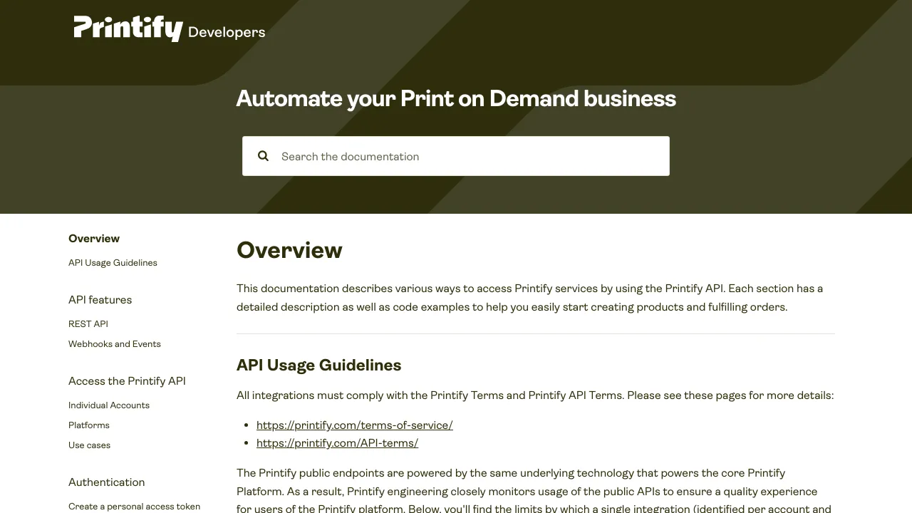 Screenshot of Printify website