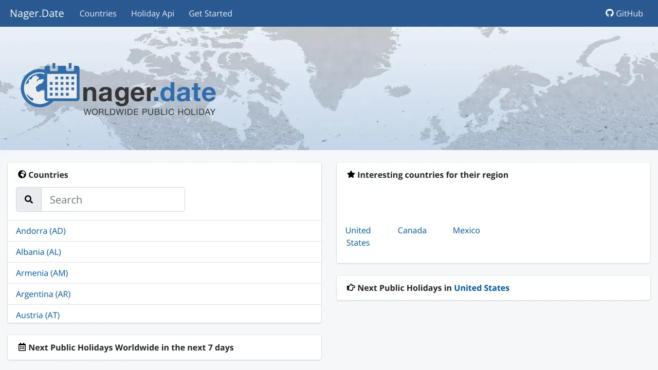 Screenshot of Public Holidays website