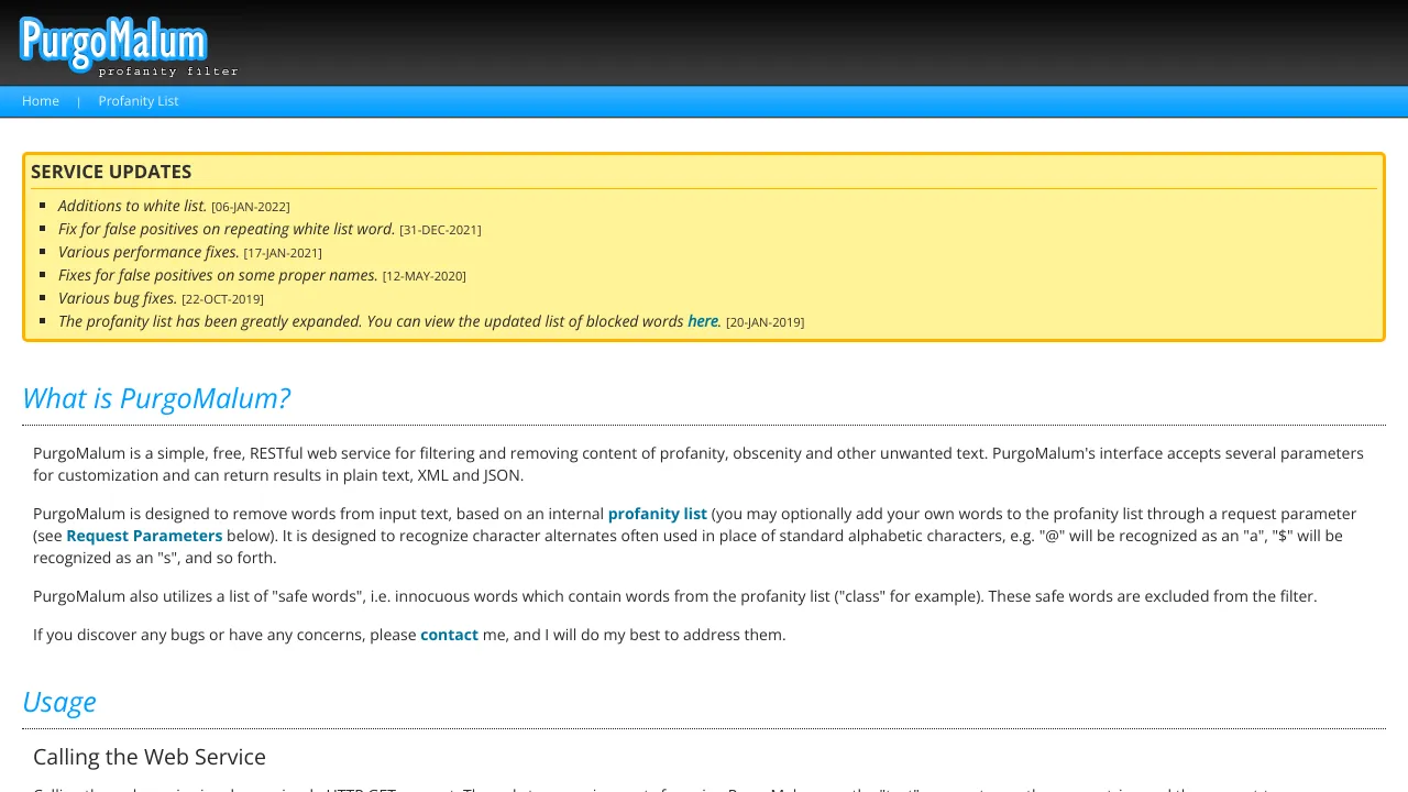 Screenshot of PurgoMalum website