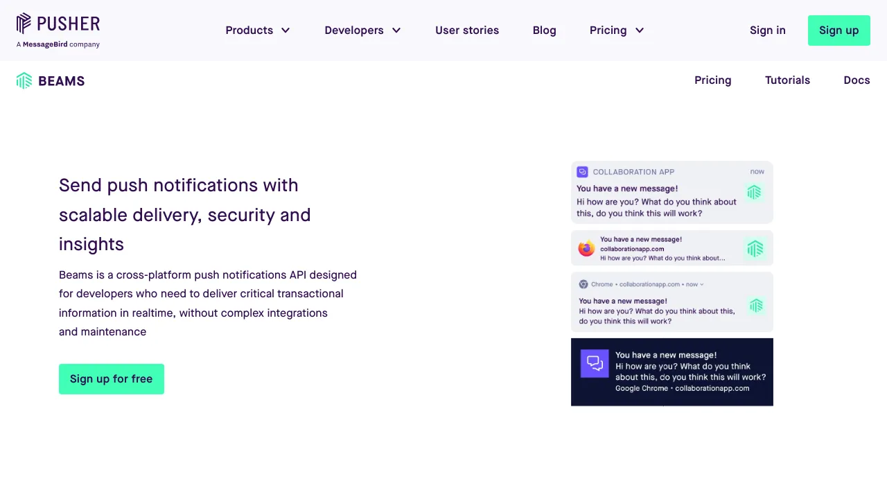 Screenshot of Pusher Beams website