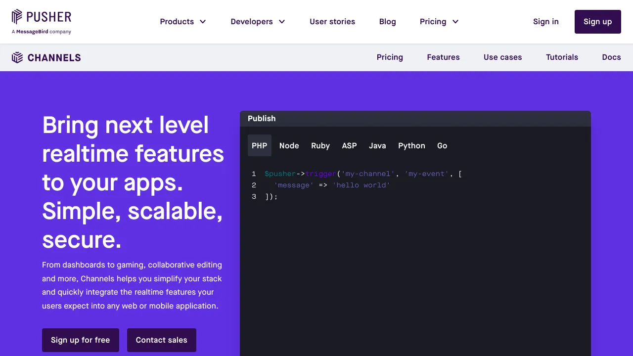 Screenshot of Pusher Channels website