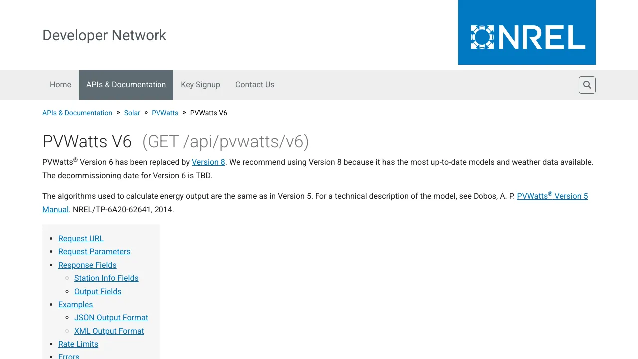 Screenshot of PVWatts website