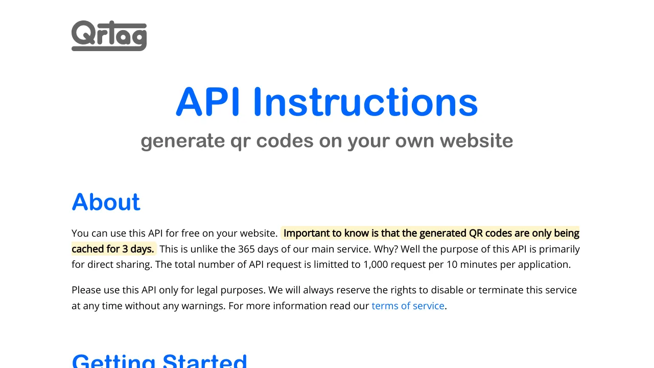 Screenshot of QR code website