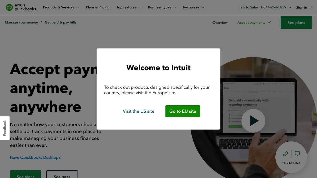 Screenshot of QuickBooks Payments website