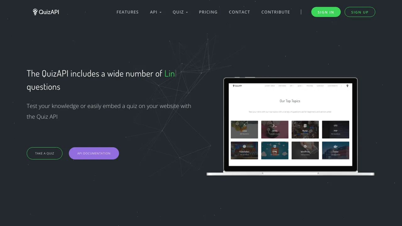Screenshot of quizapi.io website