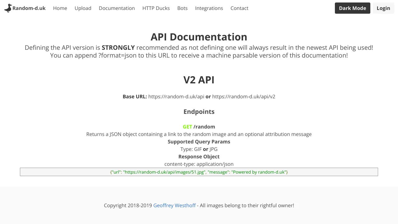 Screenshot of RandomDuck website